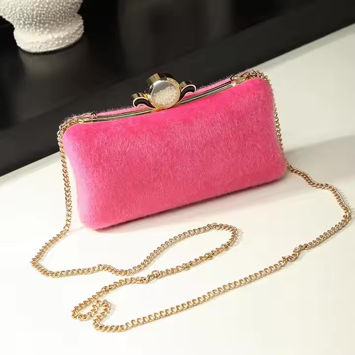 ZYB088 Cozy Chic: Faux Fur Clutch with Pearl Detail