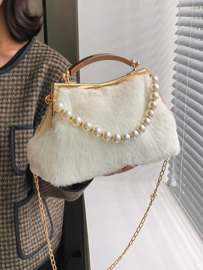 ZYB096 Chic and Cozy: Faux Pearl Decor Fluffy Square Bag