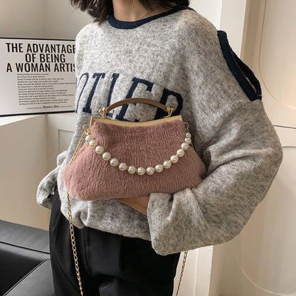 ZYB096 Chic and Cozy: Faux Pearl Decor Fluffy Square Bag
