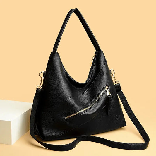 ZYB166 Versatile Black Leather Shoulder Bag with Zipper Detail